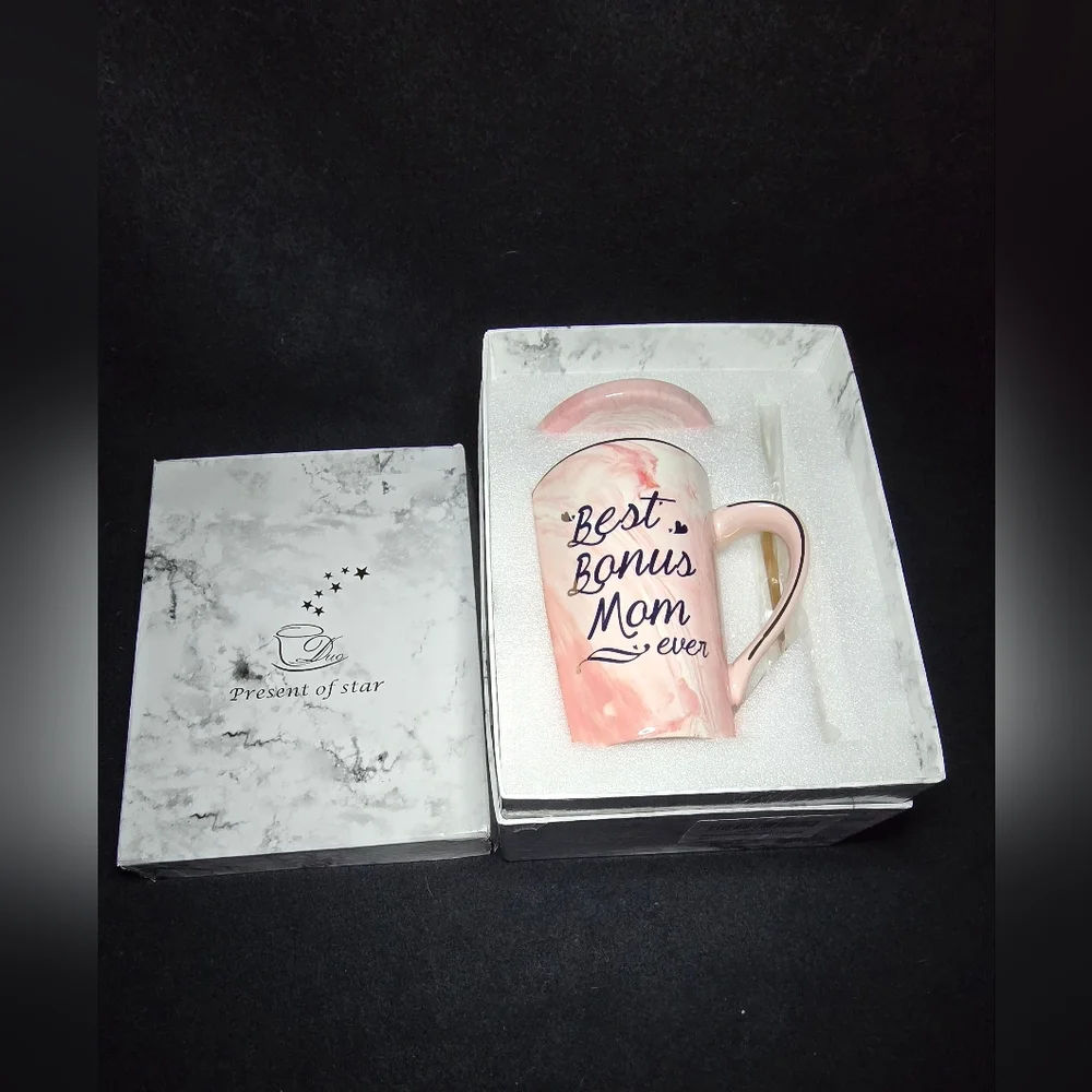 Pink Marble Mug Set with Gold Spoon 